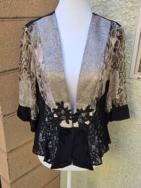 Vioket Kay Vintage Black Lace Open-front Kimono Jacket with Paisley Accents